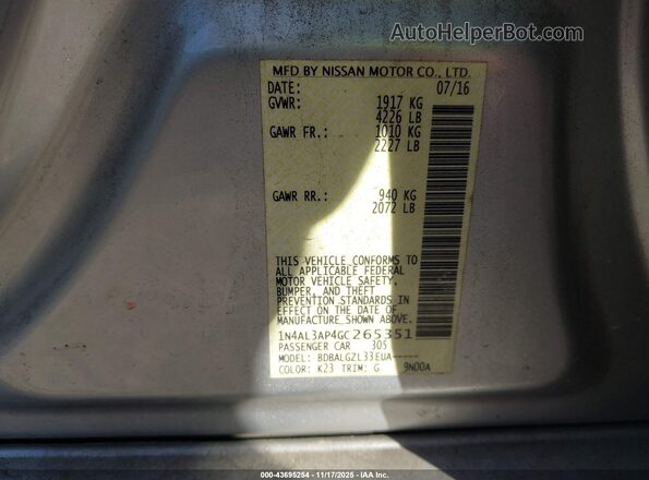1N4AL3AP4GC265351 2016 NISSAN ALTIMA Silver Вид підкапотного простору