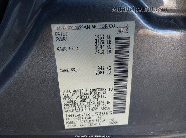1N4BL4BV1LC152085 2020 NISSAN ALTIMA Gray Շարժիչի բաժամունքի տեսք