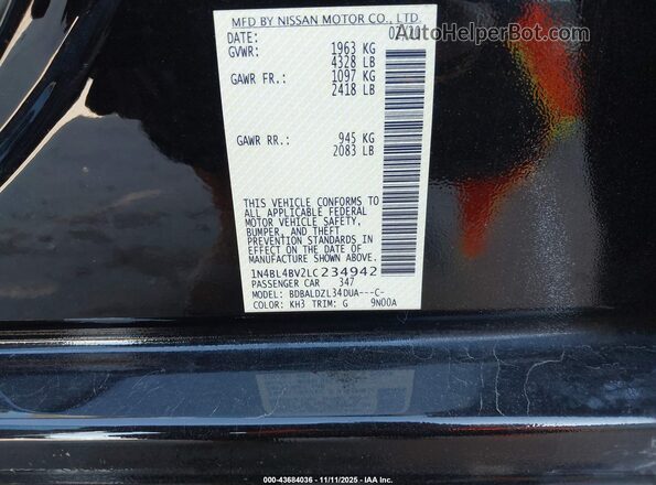 1N4BL4BV2LC234942 2020 NISSAN ALTIMA Black ძრავის განყოფილების ხედი