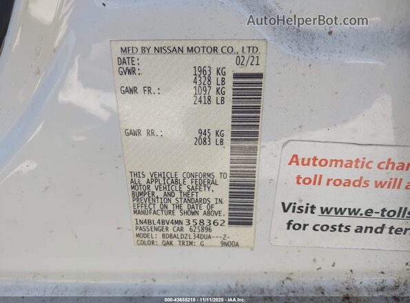 1N4BL4BV4MN358362 2021 NISSAN ALTIMA White 