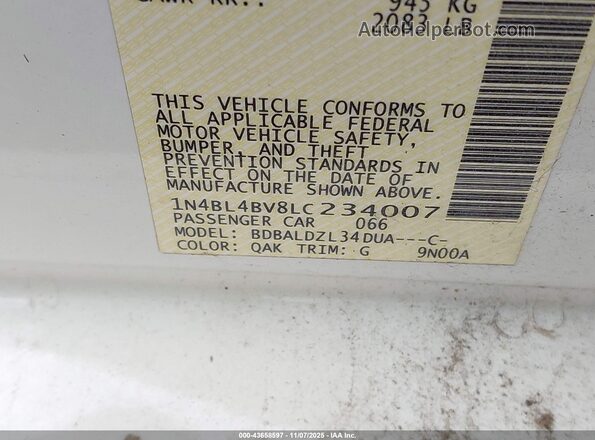 1N4BL4BV8LC234007 2020 NISSAN ALTIMA White Engine compartment view