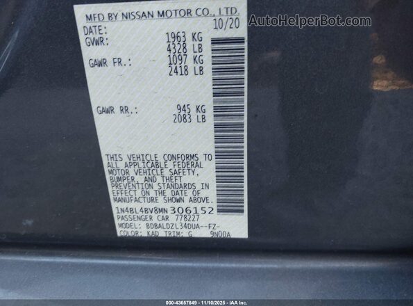 1N4BL4BV8MN306152 2021 NISSAN ALTIMA Gray Widok komory silnika