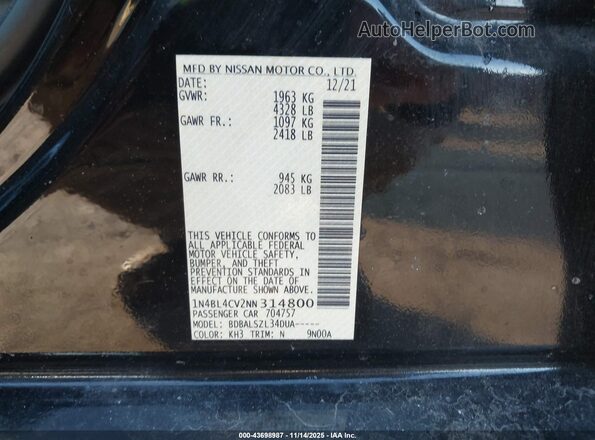 1N4BL4CV2NN314800 2022 NISSAN ALTIMA Black ძრავის განყოფილების ხედი