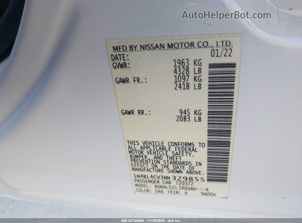 1N4BL4CV3NN329855 2022 NISSAN ALTIMA White ძრავის განყოფილების ხედი