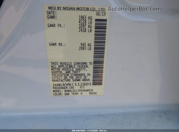 1N4BL4CV9LC112805 2020 NISSAN ALTIMA White ძრავის განყოფილების ხედი