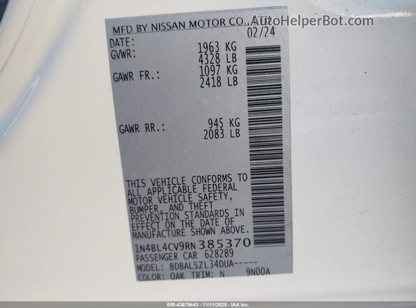 1N4BL4CV9RN385370 2024 NISSAN ALTIMA White Շարժիչի բաժամունքի տեսք