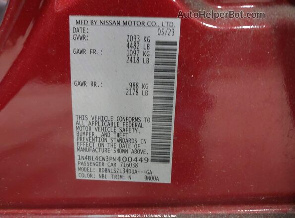 1N4BL4CW3PN400449 2023 NISSAN ALTIMA Red ძრავის განყოფილების ხედი