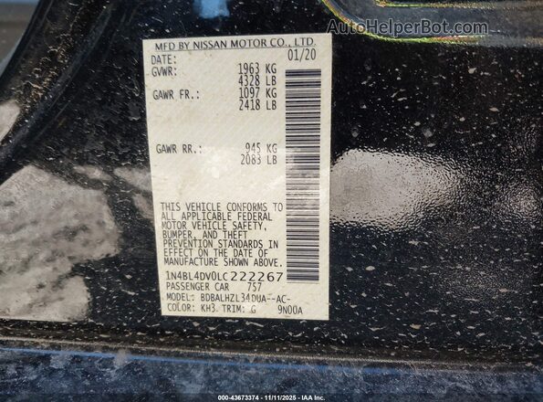1N4BL4DV0LC222267 2020 NISSAN ALTIMA Black Вид підкапотного простору