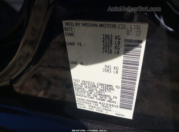 1N4BL4DV0NN403960 2022 NISSAN ALTIMA Черный Вид подкапотного пространства