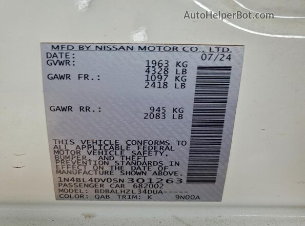 1N4BL4DV0SN301263 2025 NISSAN ALTIMA White 