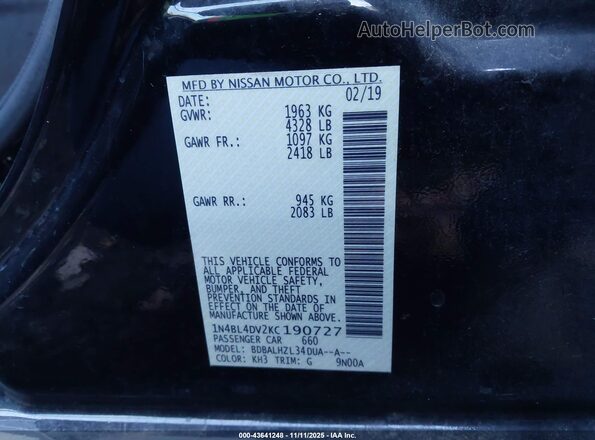 1N4BL4DV2KC190727 2019 NISSAN ALTIMA Black Vista del compartimento del motor