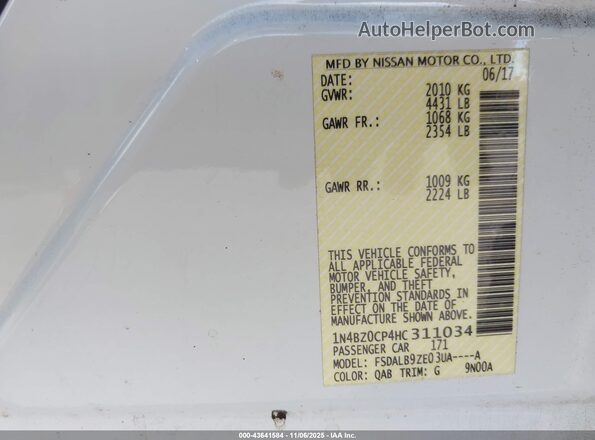 1N4BZ0CP4HC311034 2017 NISSAN LEAF White VIN կոդի պիտակի տեսք