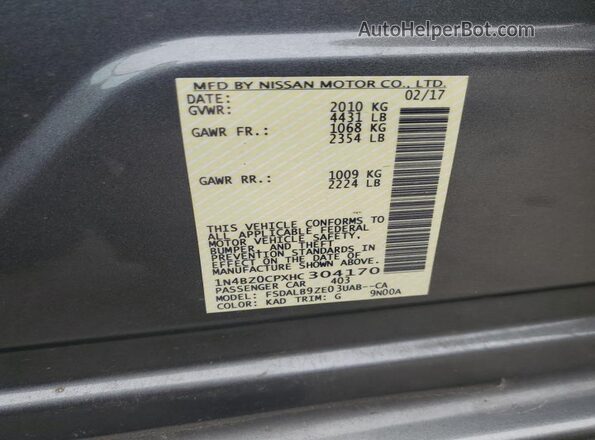 1N4BZ0CPXHC304170 2017 NISSAN LEAF Серый Вид наклейки с VIN-кодом