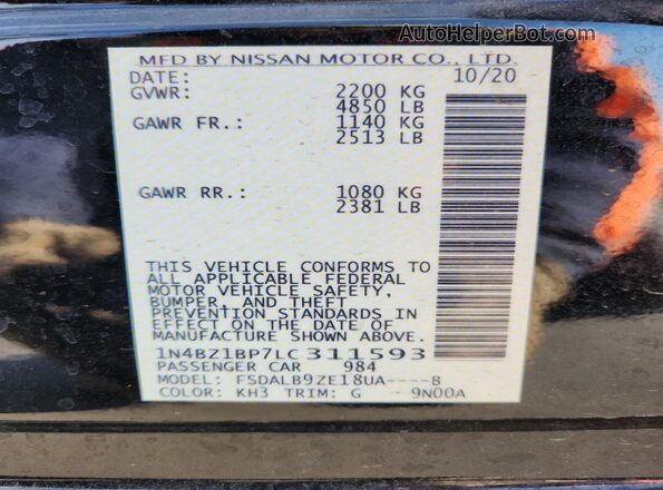 1N4BZ1BP7LC311593 2020 NISSAN LEAF Black VIN კოდის სტიკერის ხედი