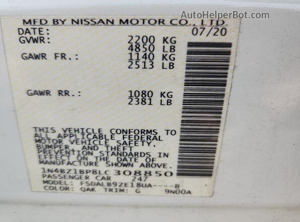 1N4BZ1BP8LC308850 2020 NISSAN LEAF Белый 