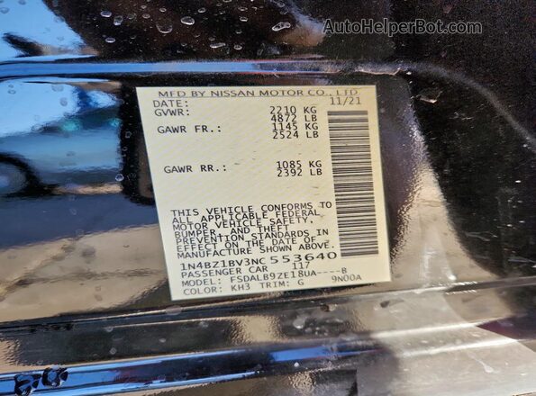 1N4BZ1BV3NC553640 2022 NISSAN LEAF Black Widok naklejki z numerem VIN