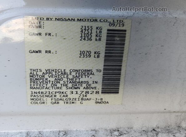 1N4BZ1CP9KC317828 2019 NISSAN LEAF White Widok wnętrza 360 stopni