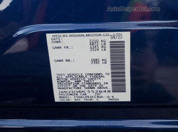 1N4CZ1CV6PC552648 2023 NISSAN LEAF Blue VIN კოდის სტიკერის ხედი
