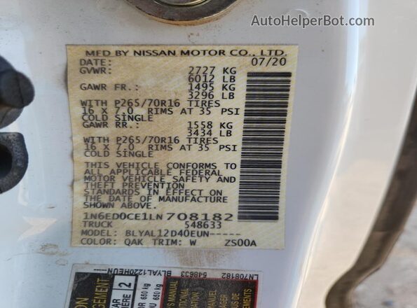 1N6ED0CE1LN708182 2020 NISSAN FRONTIER White Engine compartment view