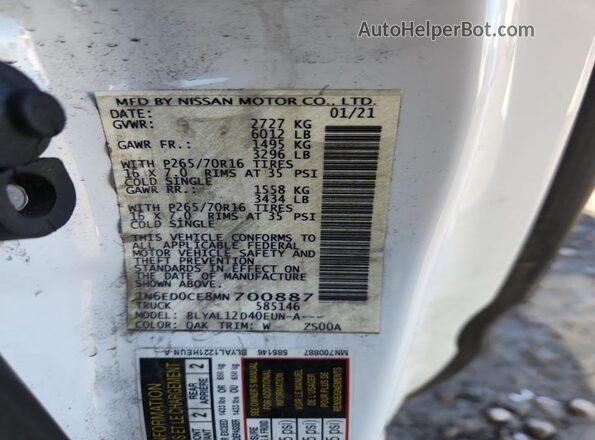 1N6ED0CE8MN700887 2021 NISSAN FRONTIER White Widok komory silnika