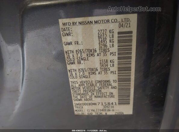 1N6ED0EB0MN715841 2021 NISSAN FRONTIER Gray Вид підкапотного простору