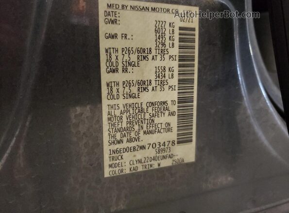 1N6ED0EB2MN703478 2021 NISSAN FRONTIER Gray Vista del compartimento del motor