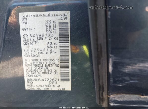 1N6ED0EB5LN722671 2020 NISSAN FRONTIER Blue Շարժիչի բաժամունքի տեսք