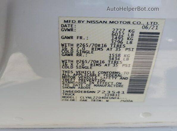 1N6ED0EB6MN723541 2021 NISSAN FRONTIER White Widok komory silnika