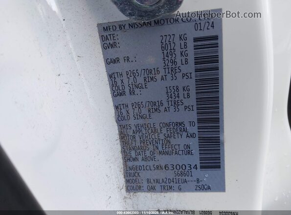 1N6ED1CL5RN630034 2024 NISSAN FRONTIER White Widok komory silnika