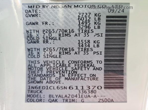 1N6ED1CL6SN611370 2025 NISSAN FRONTIER White Widok komory silnika