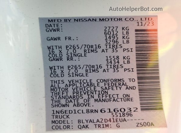 1N6ED1CL8RN616032 2024 NISSAN FRONTIER Белый Вид наклейки с VIN-кодом