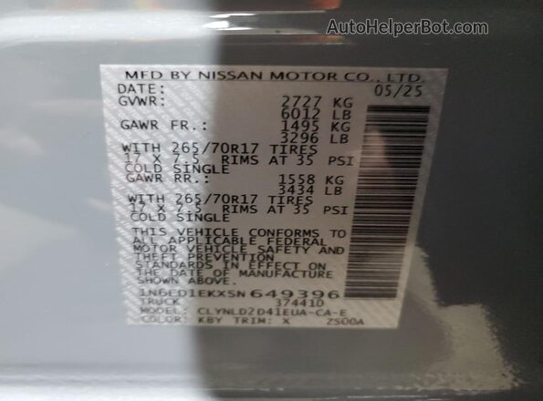 1N6ED1EKXSN649396 2025 NISSAN FRONTIER Gray Vista de la etiqueta del VIN