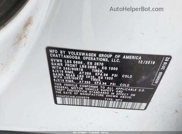 1V24C2CA9LC203575 2020 VOLKSWAGEN ATLAS White Вид підкапотного простору