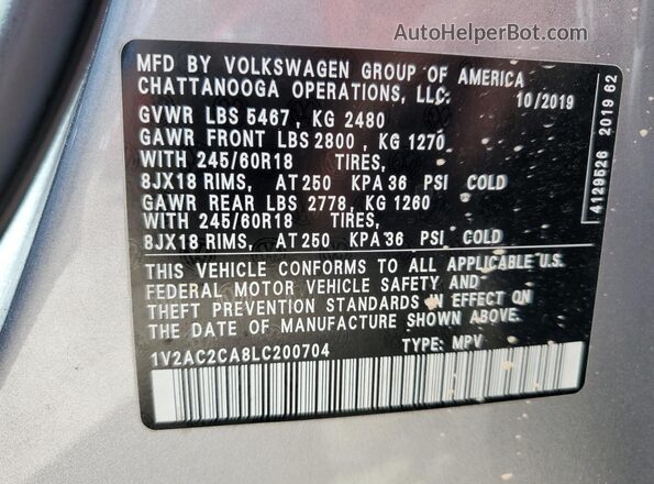 1V2AC2CA8LC200704 2020 VOLKSWAGEN ATLAS Silver Вид підкапотного простору