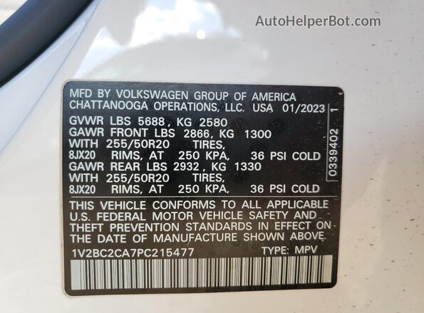 1V2BC2CA7PC215477 2023 VOLKSWAGEN ATLAS White VIN sticker view