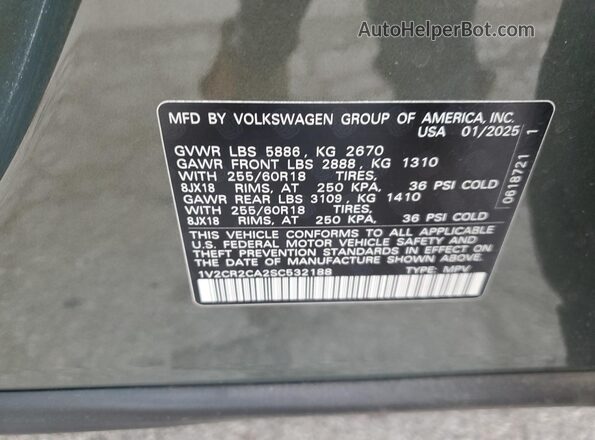 1V2CR2CA2SC532188 2025 VOLKSWAGEN ATLAS Зеленый Вид наклейки с VIN-кодом