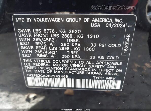 1V2FE2CA2RC242469 2024 VOLKSWAGEN ATLAS Black Vista del compartimento del motor