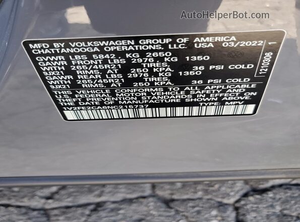 1V2FE2CA6NC215737 2022 VOLKSWAGEN ATLAS Gray Widok wnętrza 360 stopni