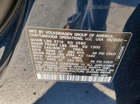 1V2GC2CA0LC230757 2020 VOLKSWAGEN ATLAS Blue VIN კოდის სტიკერის ხედი