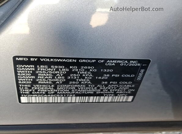 1V2HR2CA4SC531792 2025 VOLKSWAGEN ATLAS Серебряный Вид наклейки с VIN-кодом