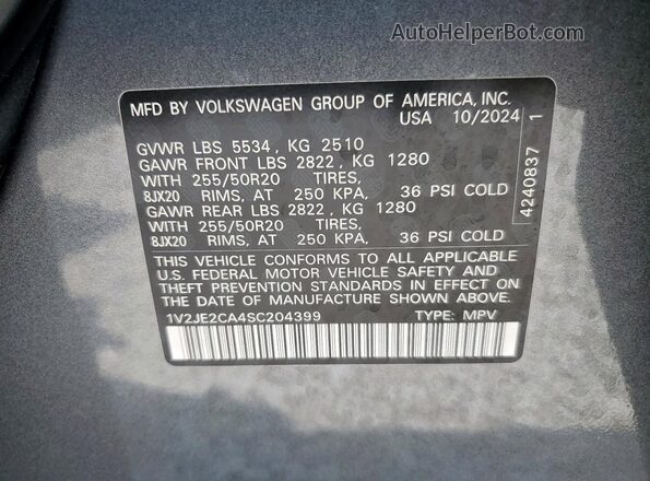 1V2JE2CA4SC204399 2025 VOLKSWAGEN ATLAS Gray VIN կոդի պիտակի տեսք