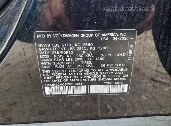 1V2JR2CA0SC553631 2025 VOLKSWAGEN ATLAS Black VIN sticker view