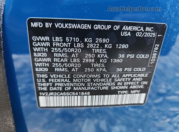 1V2JR2CA5SC541846 2025 VOLKSWAGEN ATLAS Blue Vista de la etiqueta del VIN