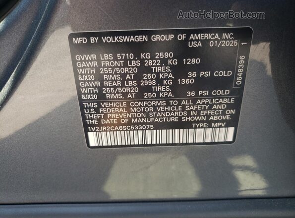 1V2JR2CA6SC533075 2025 VOLKSWAGEN ATLAS Silver Вид наклейки з VIN-кодом