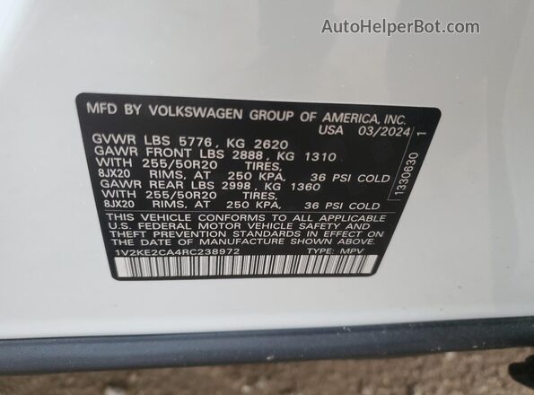 1V2KE2CA4RC238972 2024 VOLKSWAGEN ATLAS Белый Вид наклейки с VIN-кодом