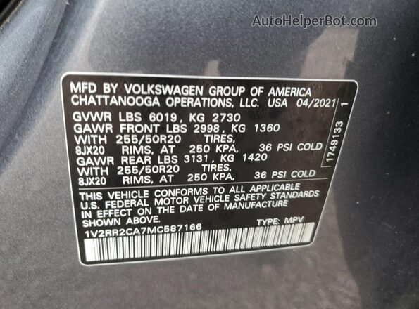 1V2RR2CA7MC587166 2021 VOLKSWAGEN ATLAS Серый Вид наклейки с VIN-кодом
