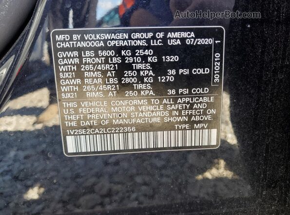 1V2SE2CA2LC222356 2020 VOLKSWAGEN ATLAS Black Widok naklejki z numerem VIN