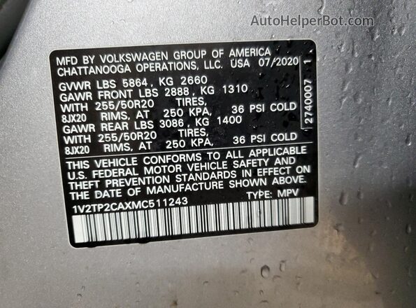 1V2TP2CAXMC511243 2021 VOLKSWAGEN ATLAS Серебряный 