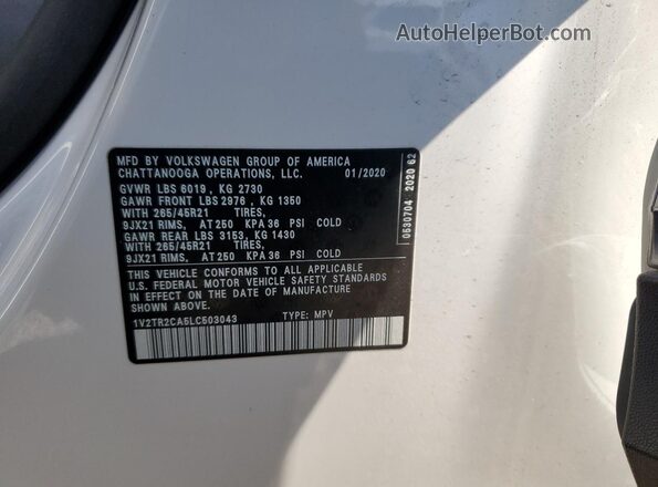 1V2TR2CA5LC503043 2020 VOLKSWAGEN ATLAS White VIN sticker view