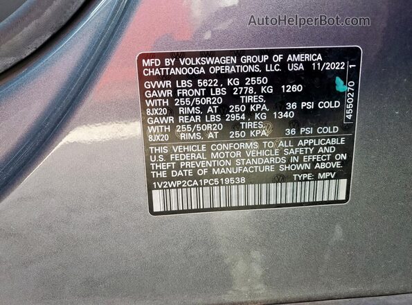 1V2WP2CA1PC519538 2023 VOLKSWAGEN ATLAS Gray VIN sticker view